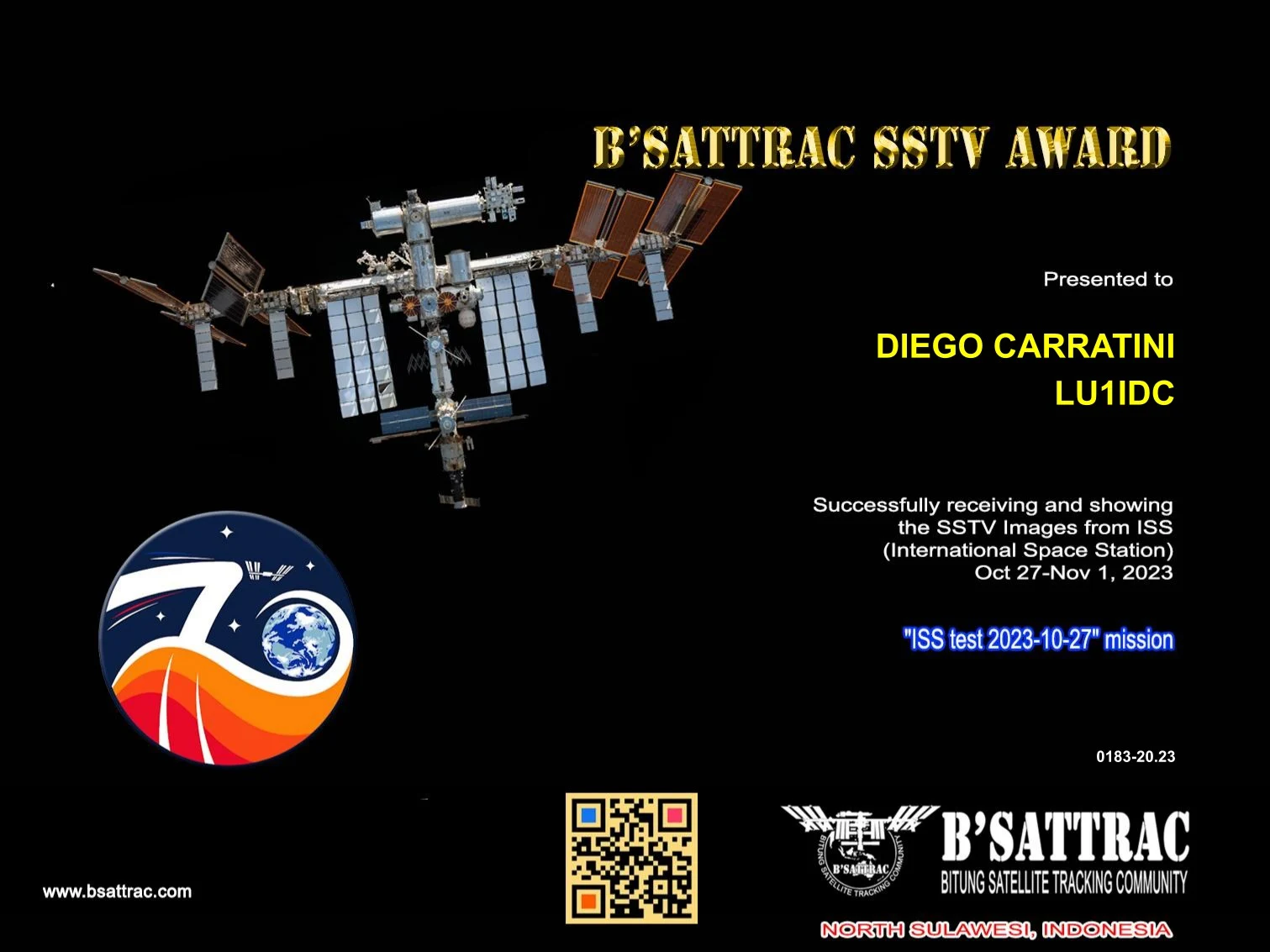 B'SATTRAC SSTV AWARD ISS test 2023-10-27 DIEGO CARRATINI LU1IDC